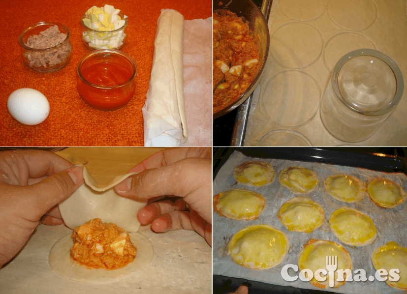 Proceso de elaboracion de los hojaldres de atun, huevo y tomate