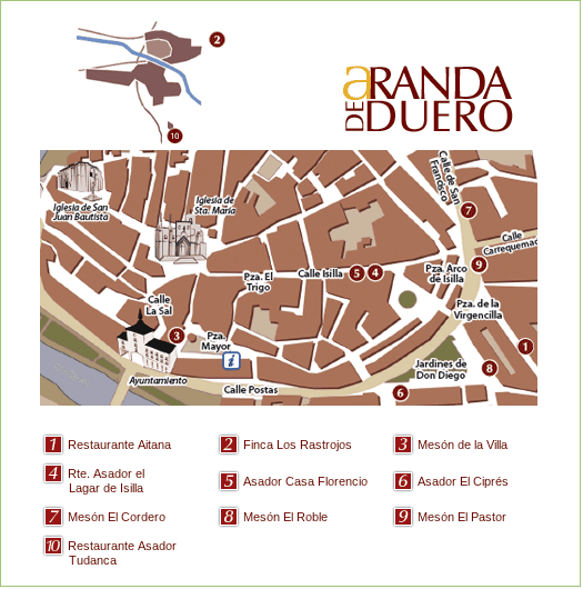 Listado y localización de los establecimientos participantes en las XIII Jornadas Gastronómicas del Lechazo Asado en Aranda de Duero