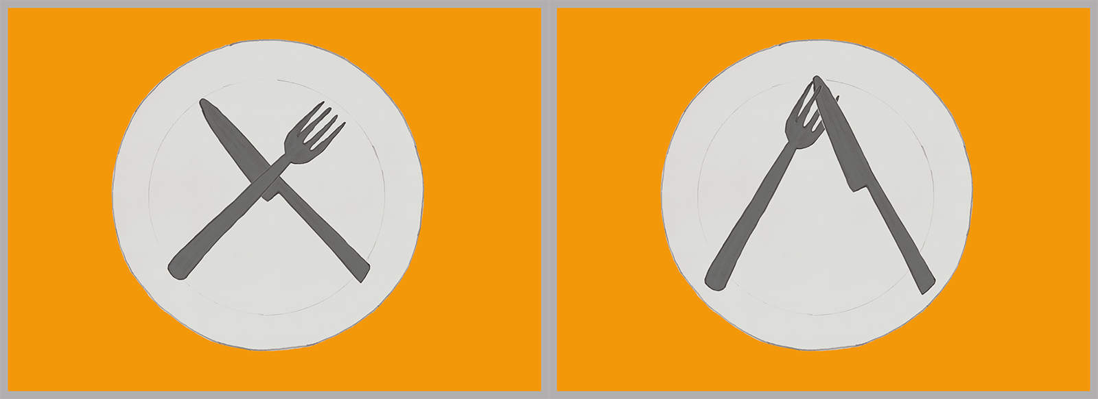 Los cubiertos cruzados formando una X en medio del plato, o en forma de V invertida, pero cruzando el cuchillo entre los dientes del tenedor.